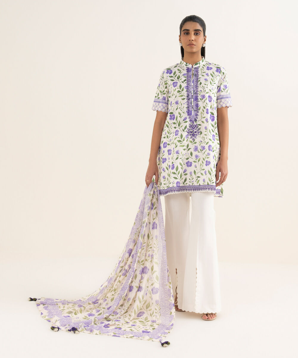 Women's Unstitched Lawn Embroidered Off White 3 Piece Suit