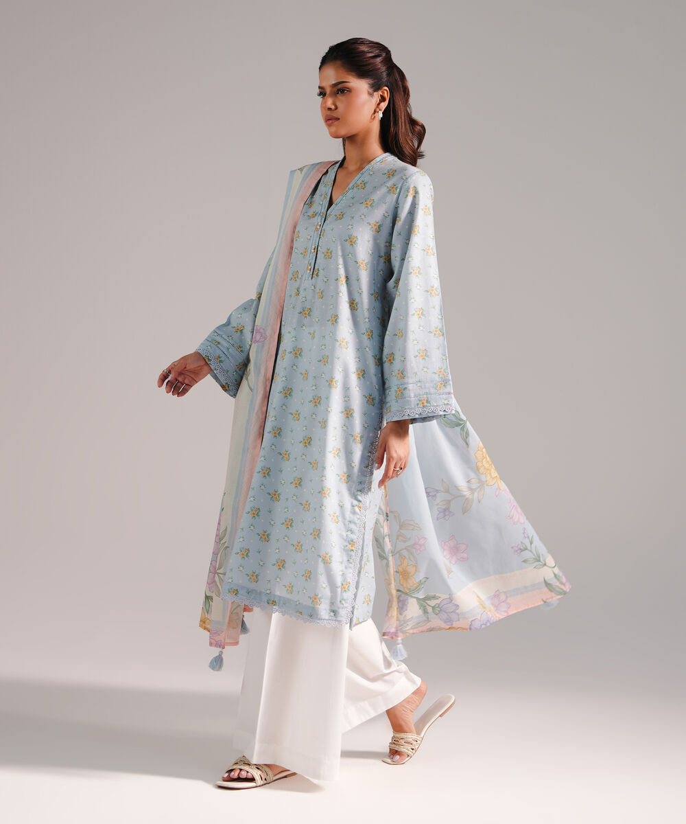 Women's RTW Dobby Printed Light Blue 2 Piece Suit