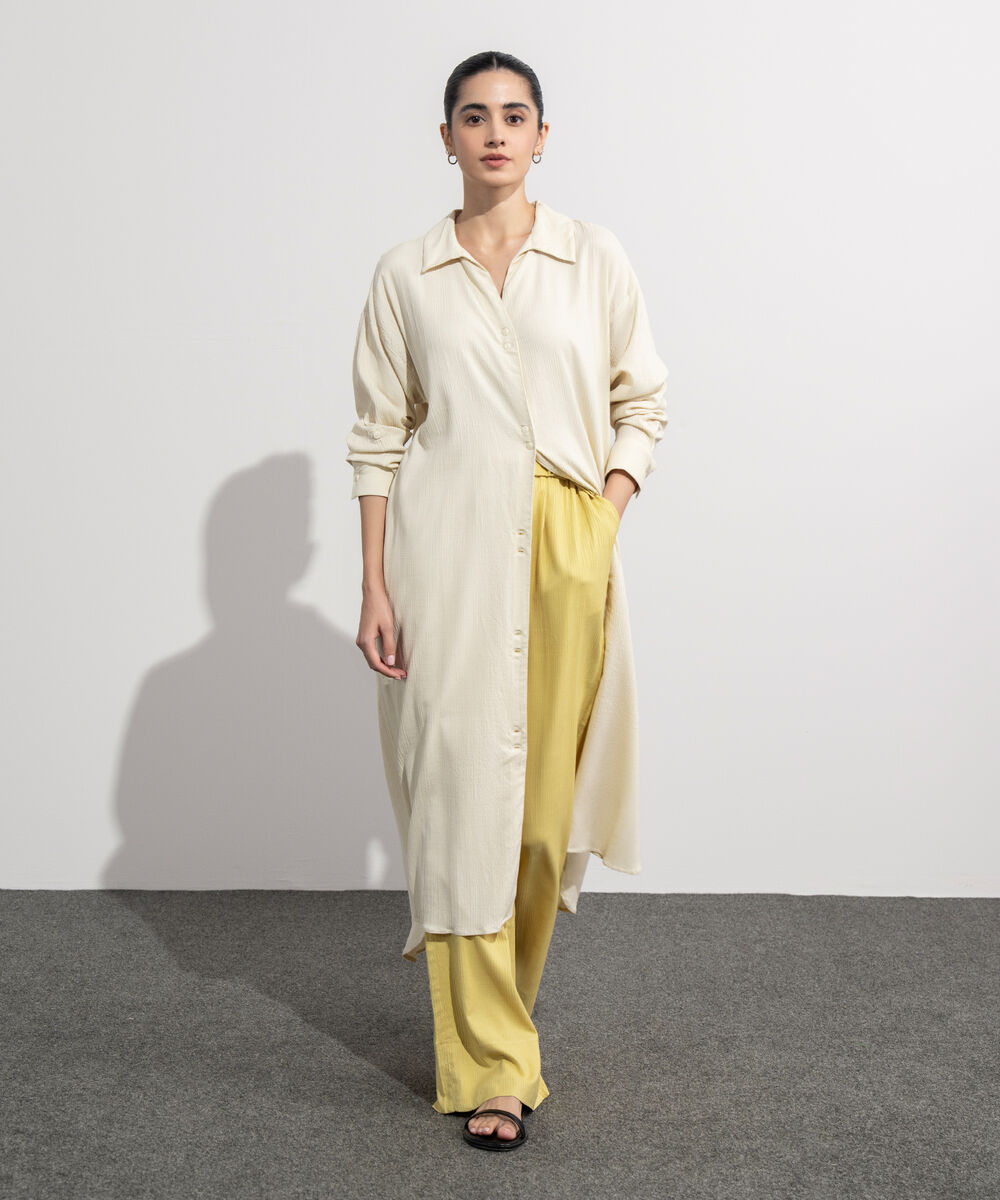 Women's Western Wear Beige Seersucker Shirt Dress