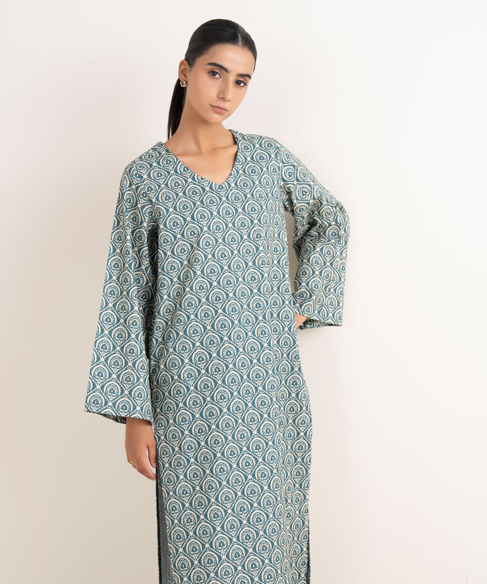 Women's Unstitched Cotton Printed Blue 2 Piece Suit