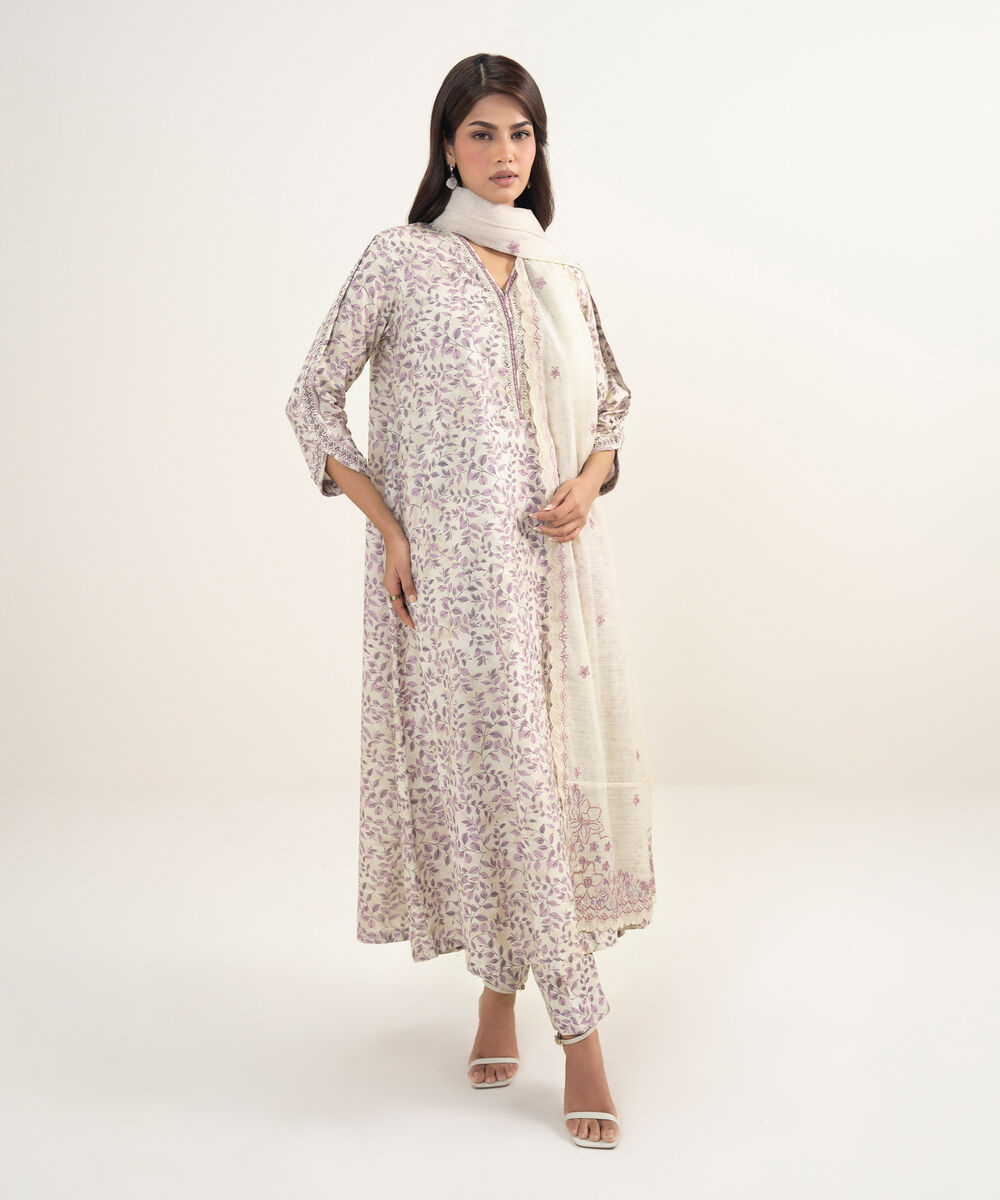 Women's Unstitched Zari Lawn Embroidered Purple 3 Piece Suit