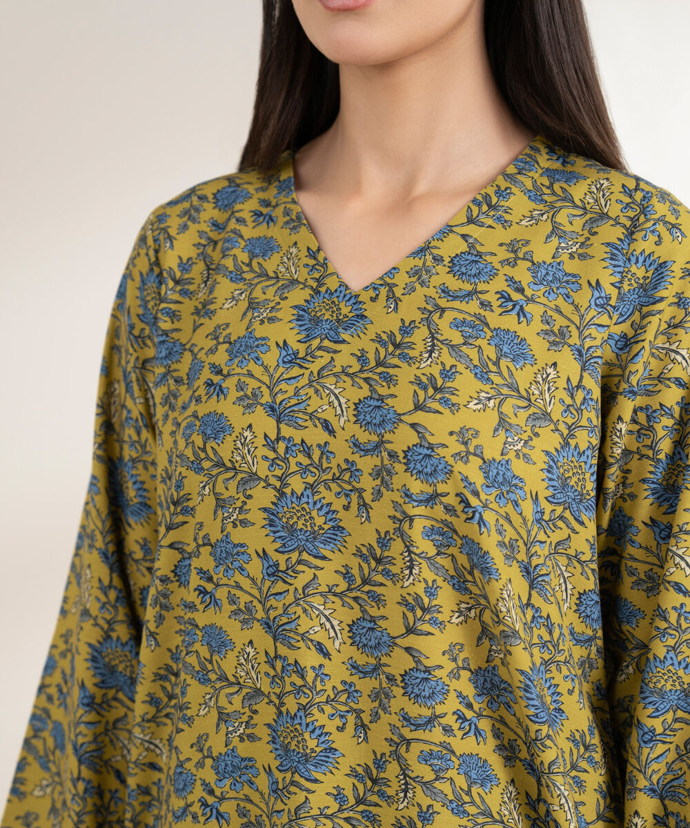 Women's RTW Arabic Khaddar Printed Straight Olive Yellow Shirt