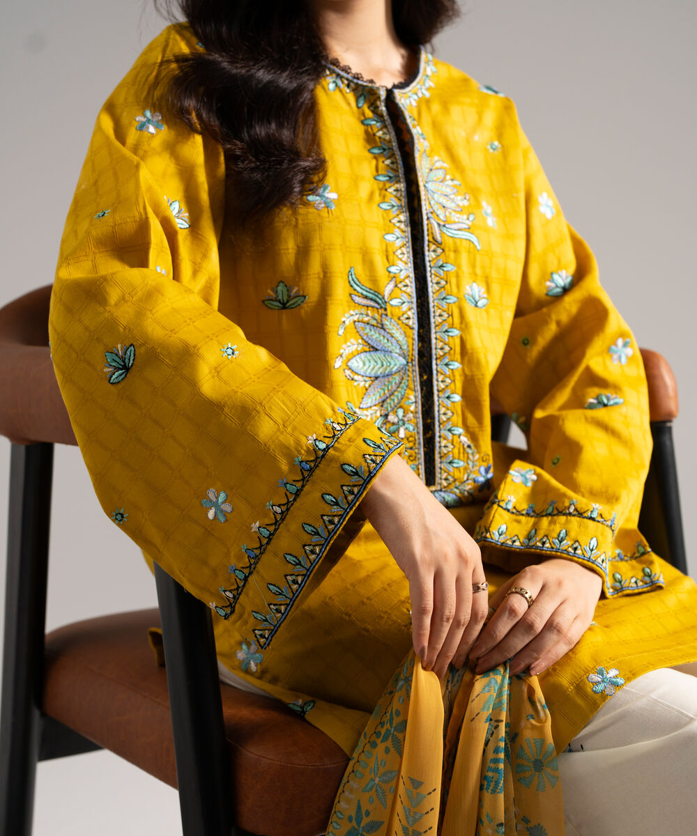 Women's RTW Dobby Embroidered Yellow 3 Piece Suit