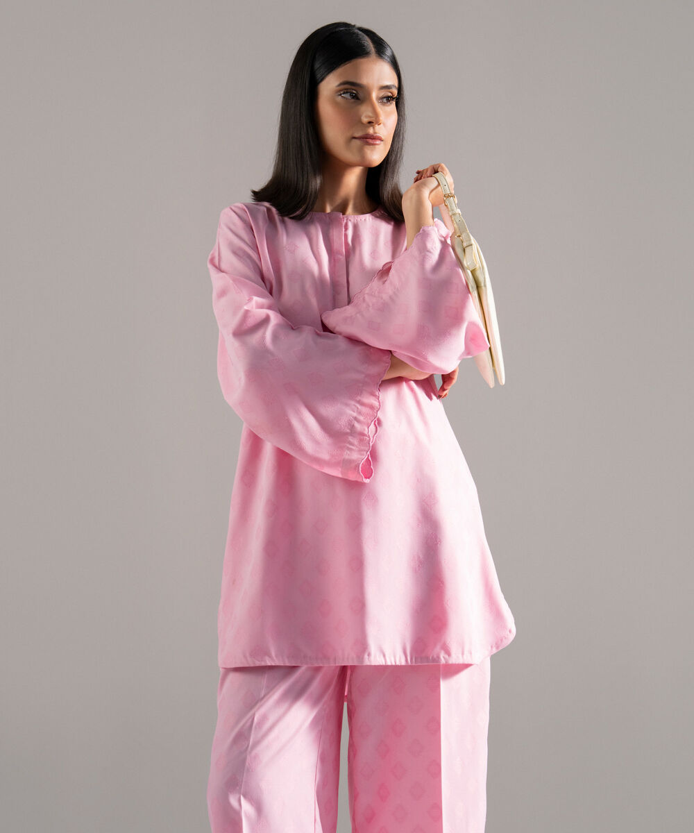 Women's RTW Poly Viscose Jacquard Solid Pink Straight Shirt