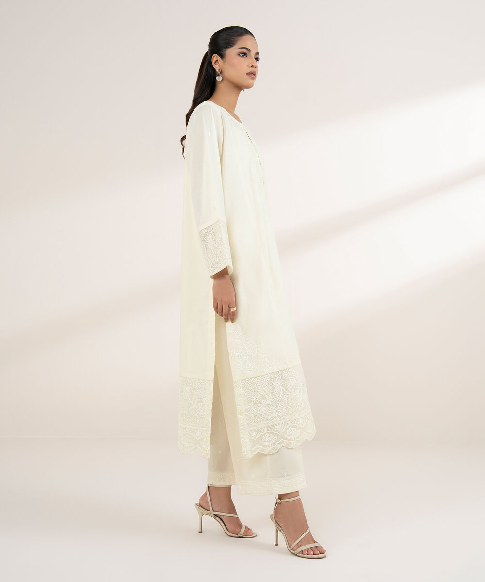 Women's RTW Dobby Beige Embroidered A-Line Shirt