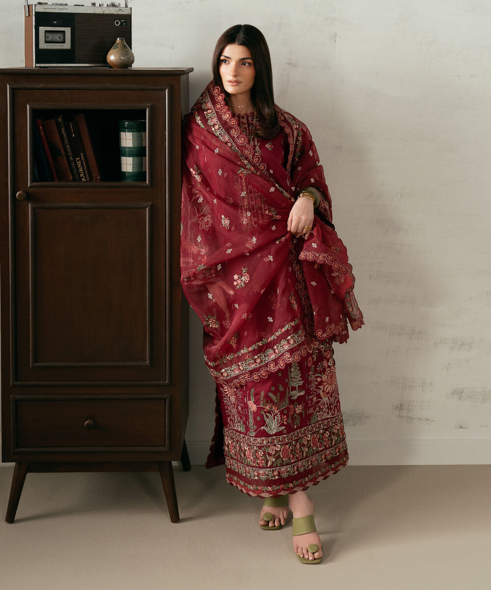 Women's Unstitched Fine Cotton Satin Embroidered Red  3 Piece Suit