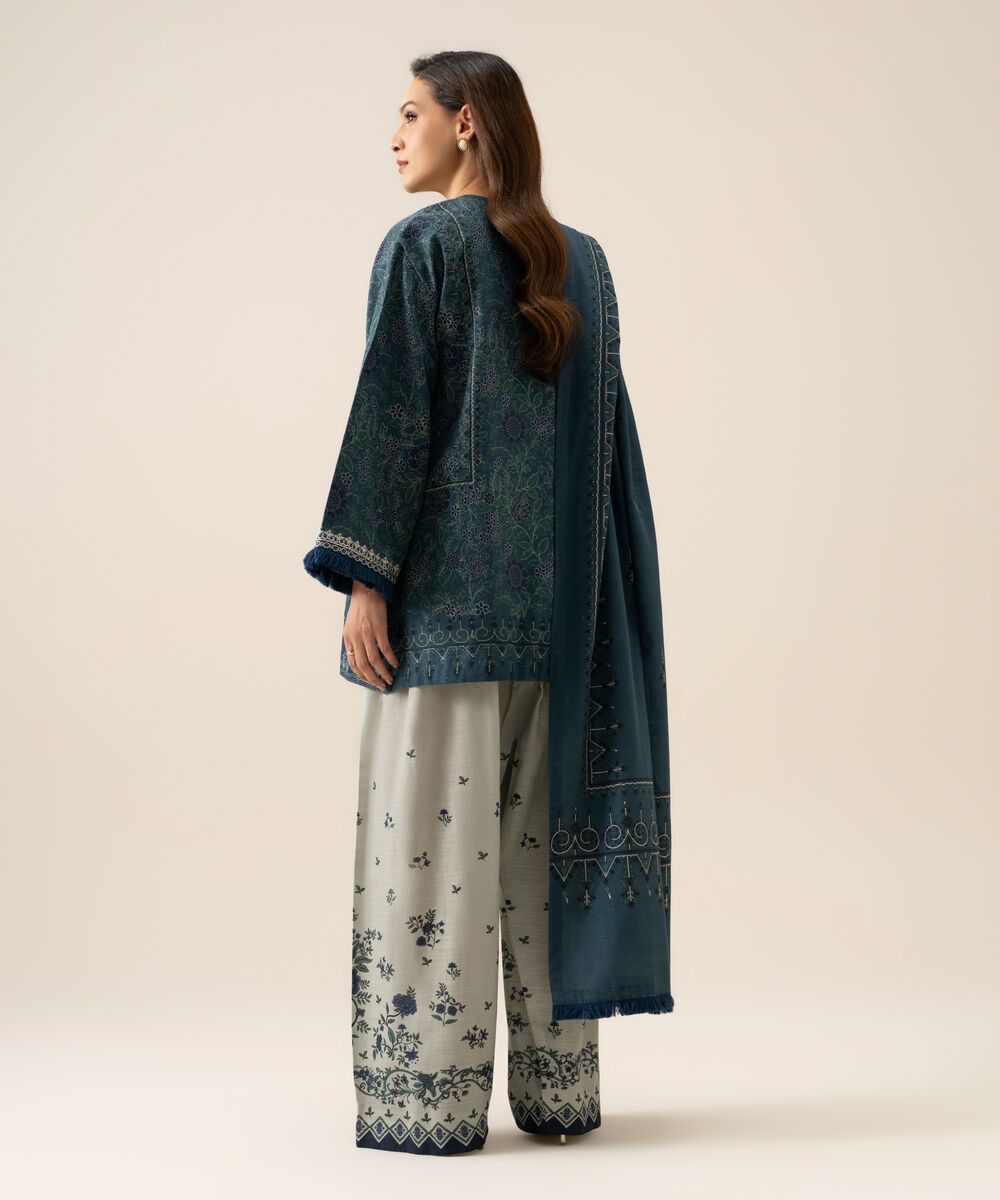 Women's Unstitched Cotton Printed Blue 3 Piece Suit