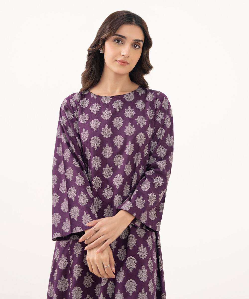 Women's RTW Cotton Viscose Printed A-Line Purple Shirt