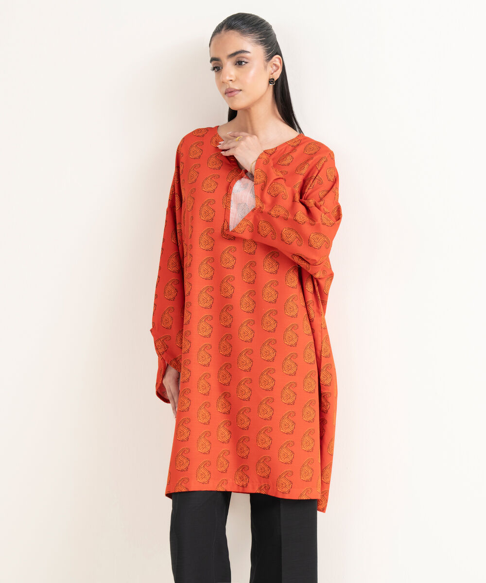 Women's RTW Textured Viscose Printed Drop Shoulder Orange Shirt