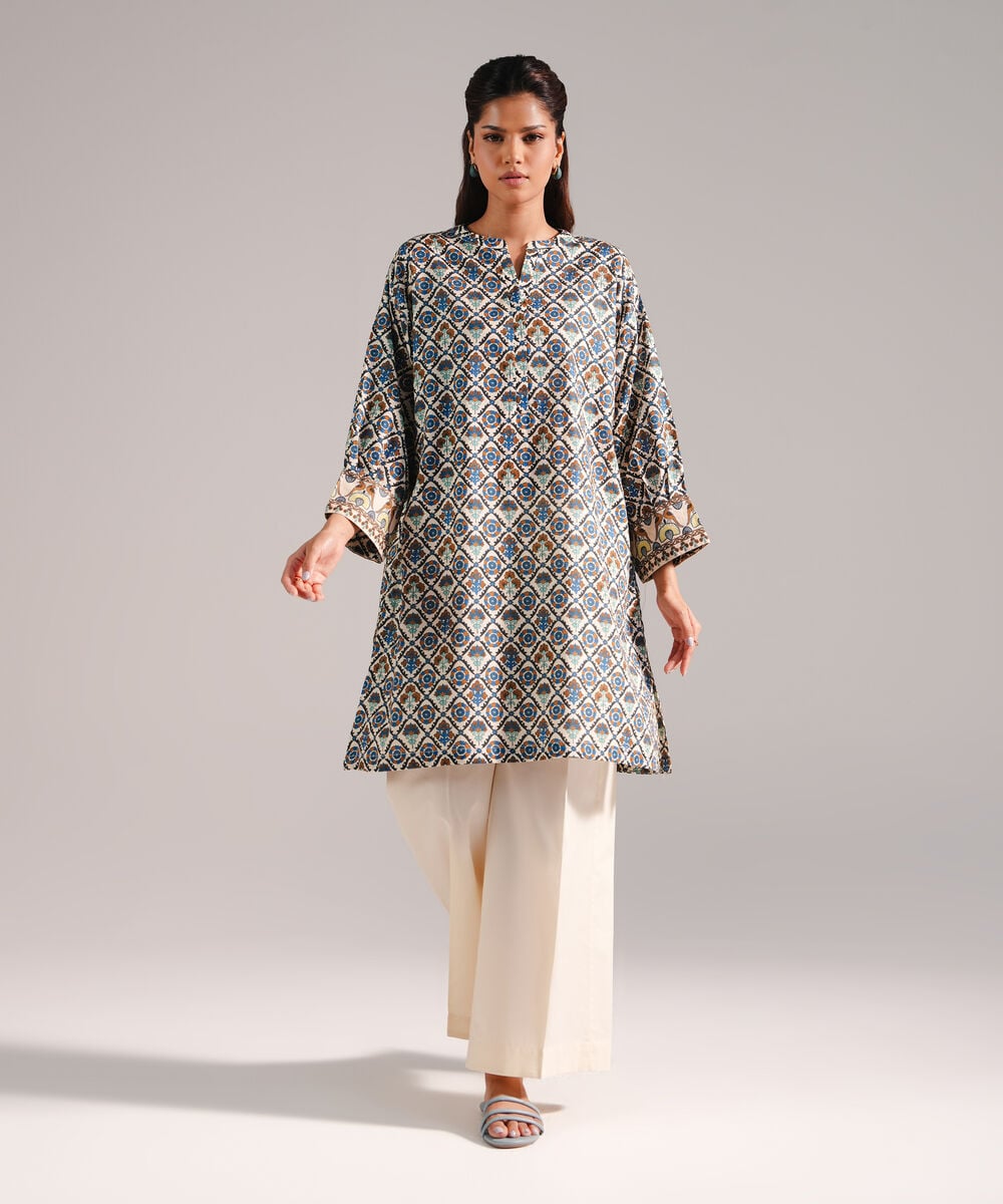 Women's RTW Dobby Printed Beige Straight Shirt