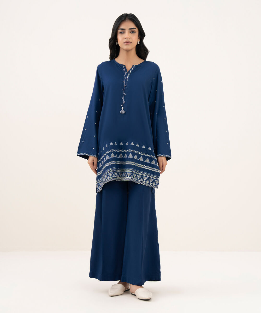 Women's RTW Viscose Linen Embroidered Blue Shirt