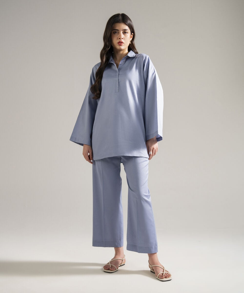 Women's RTW Cotton Linen Solid Steel Blue 2 Piece Suit
