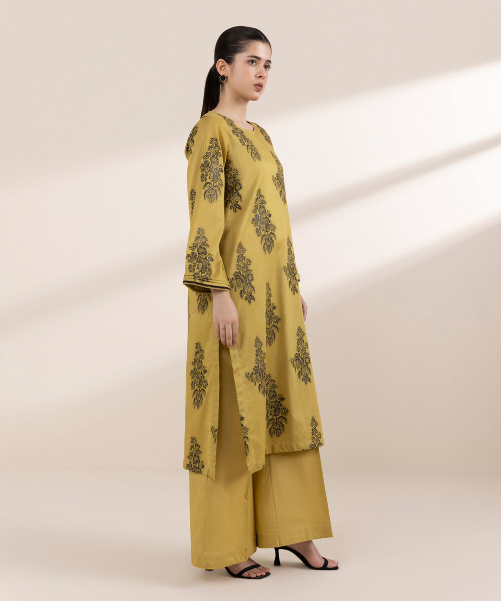 Women's RTW Extra Weft Jacquard Yellow Solid A-Line Shirt