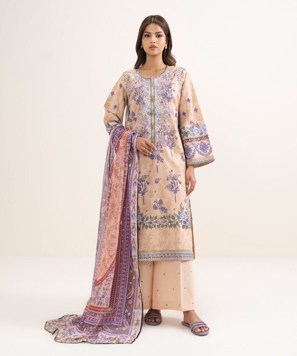 Women's RTW Zari Cotton Embroidered Peach A-Line Shirt