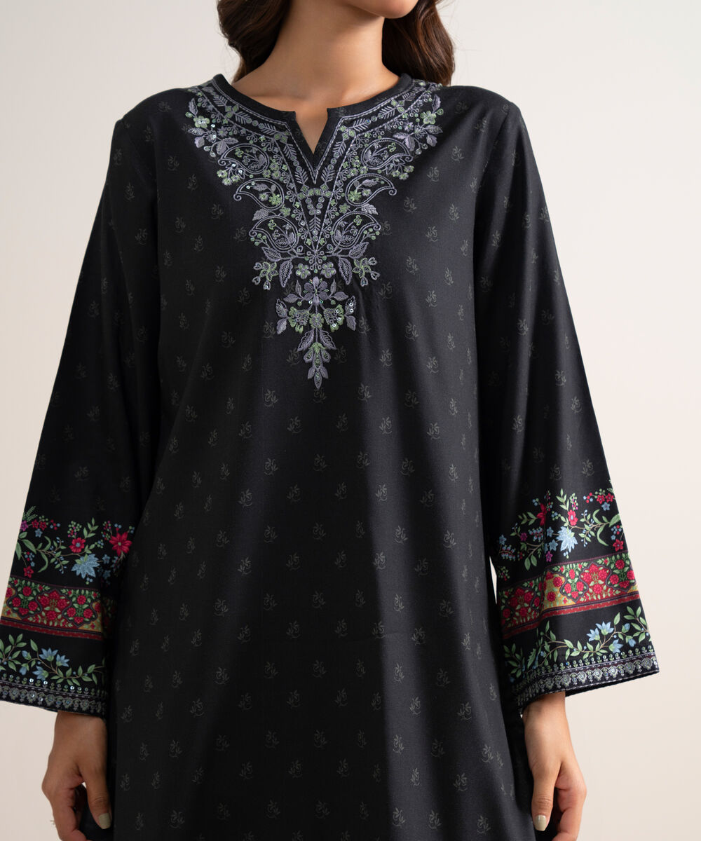 Women's Unstitched Embroidered Linen Black 3 Piece Suit
