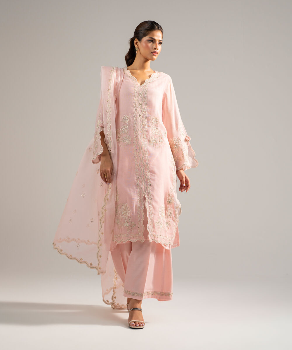 Women's RTW Khaddi Net Embroidered Baby Pink 3 Piece Suit
