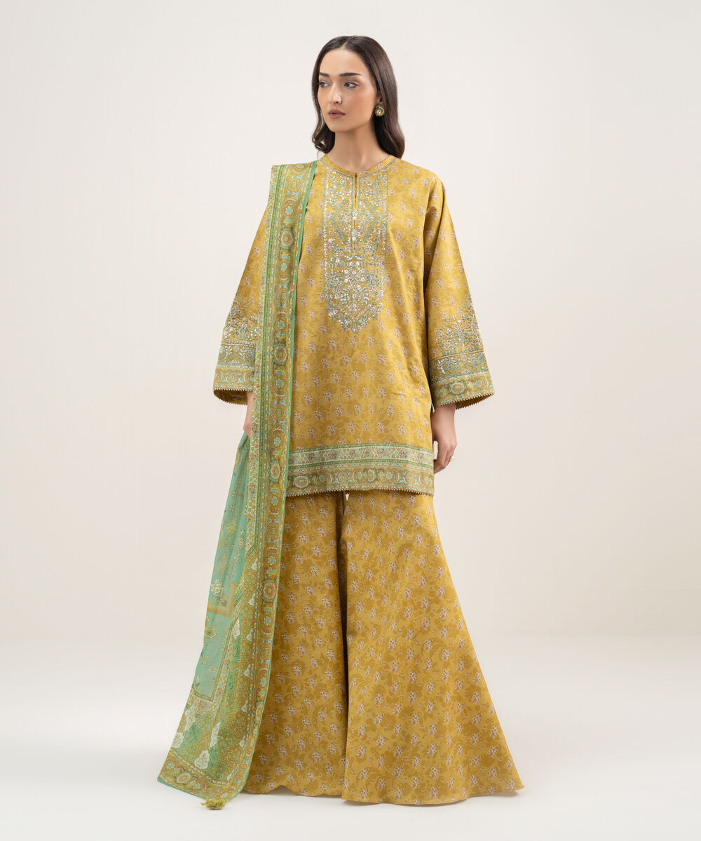 Women's Unstitched Lawn Embroidered Mustard 3 Piece Suit