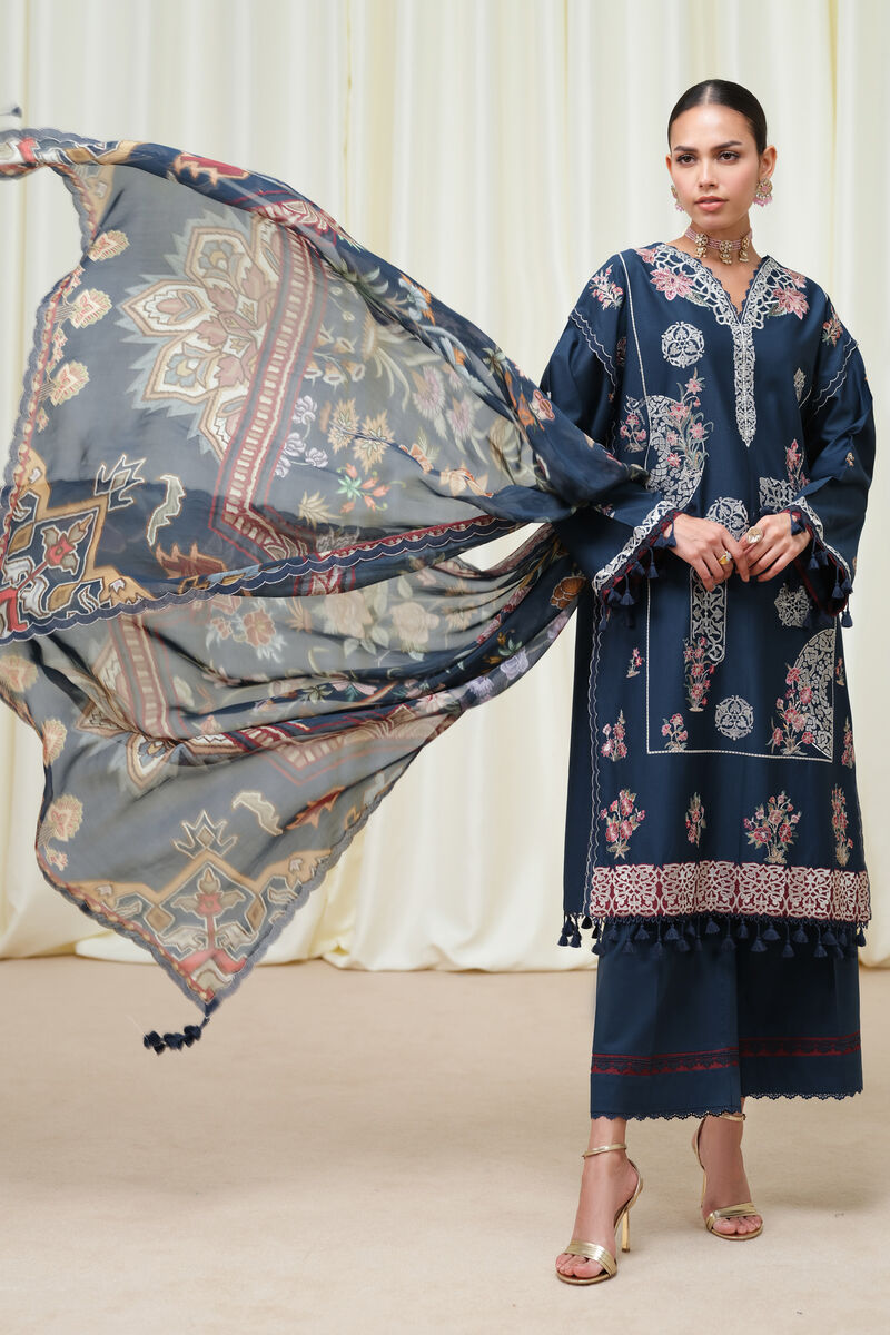 3 Piece - Embroidered Cotton Satin Suit