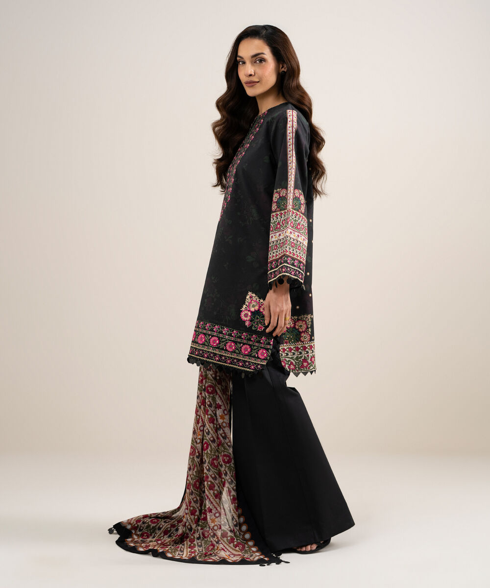 Women's Unstitched Lawn Embroidered Black
