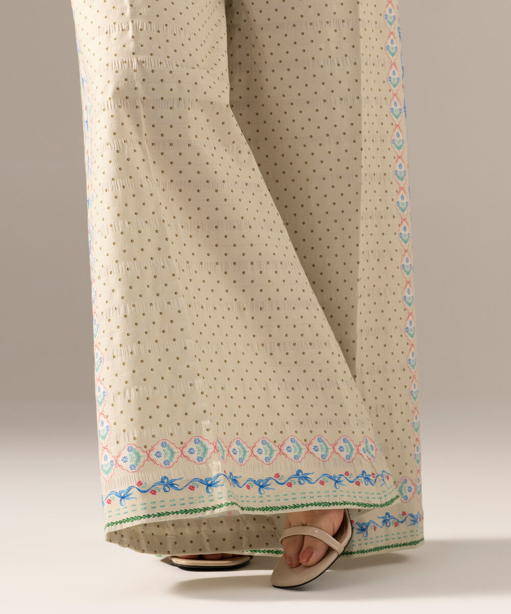 Women's RTW Seersucker Printed Beige Flared Pants