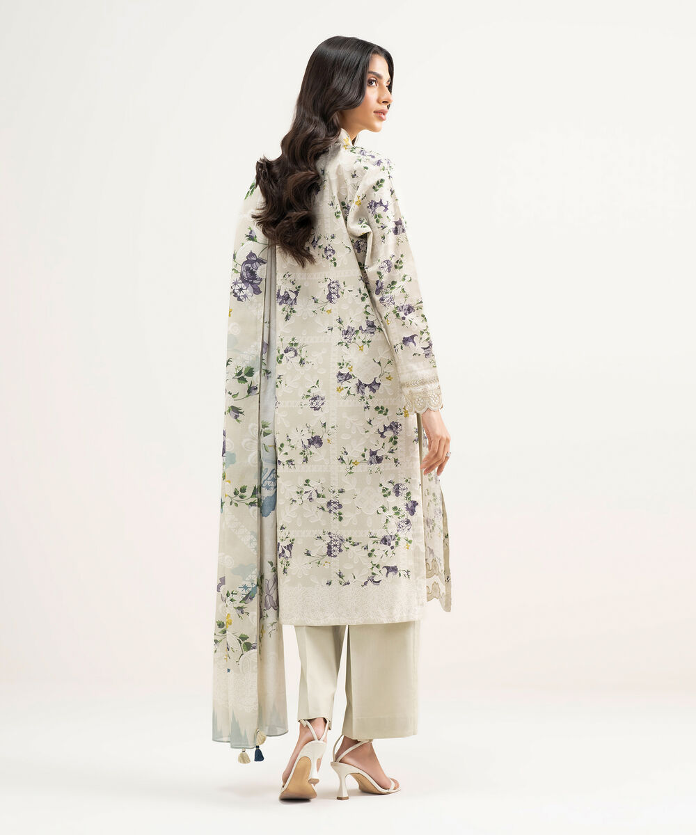 Women's Unstitched Zari Lawn Embroidered Beige  3 Piece Suit