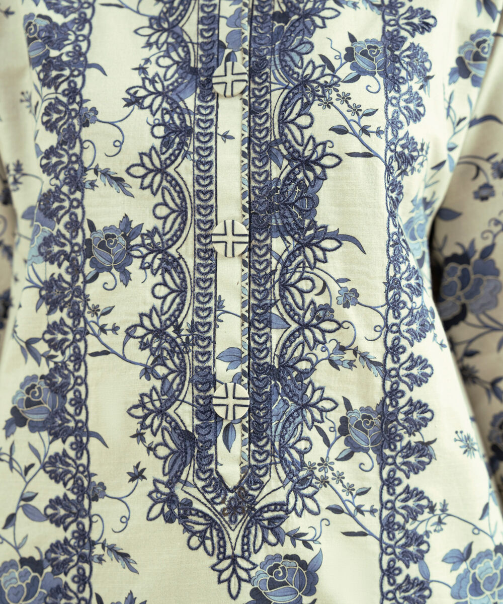 Women's Unstitched Textured Cotton Embroidered Blue 2 Piece Suit