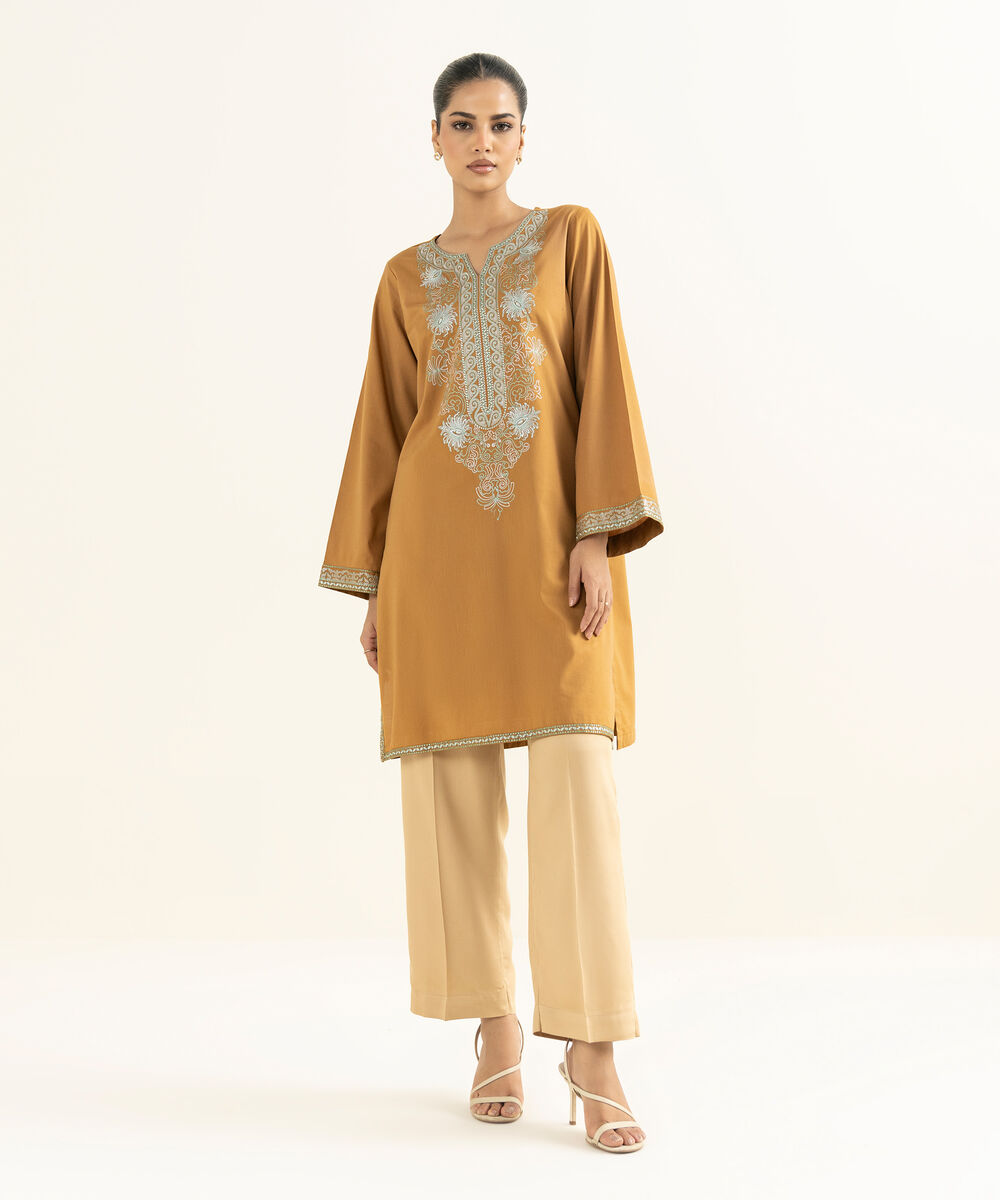 Women's RTW Linen Viscose Embroidered Mustard Straight Shirt