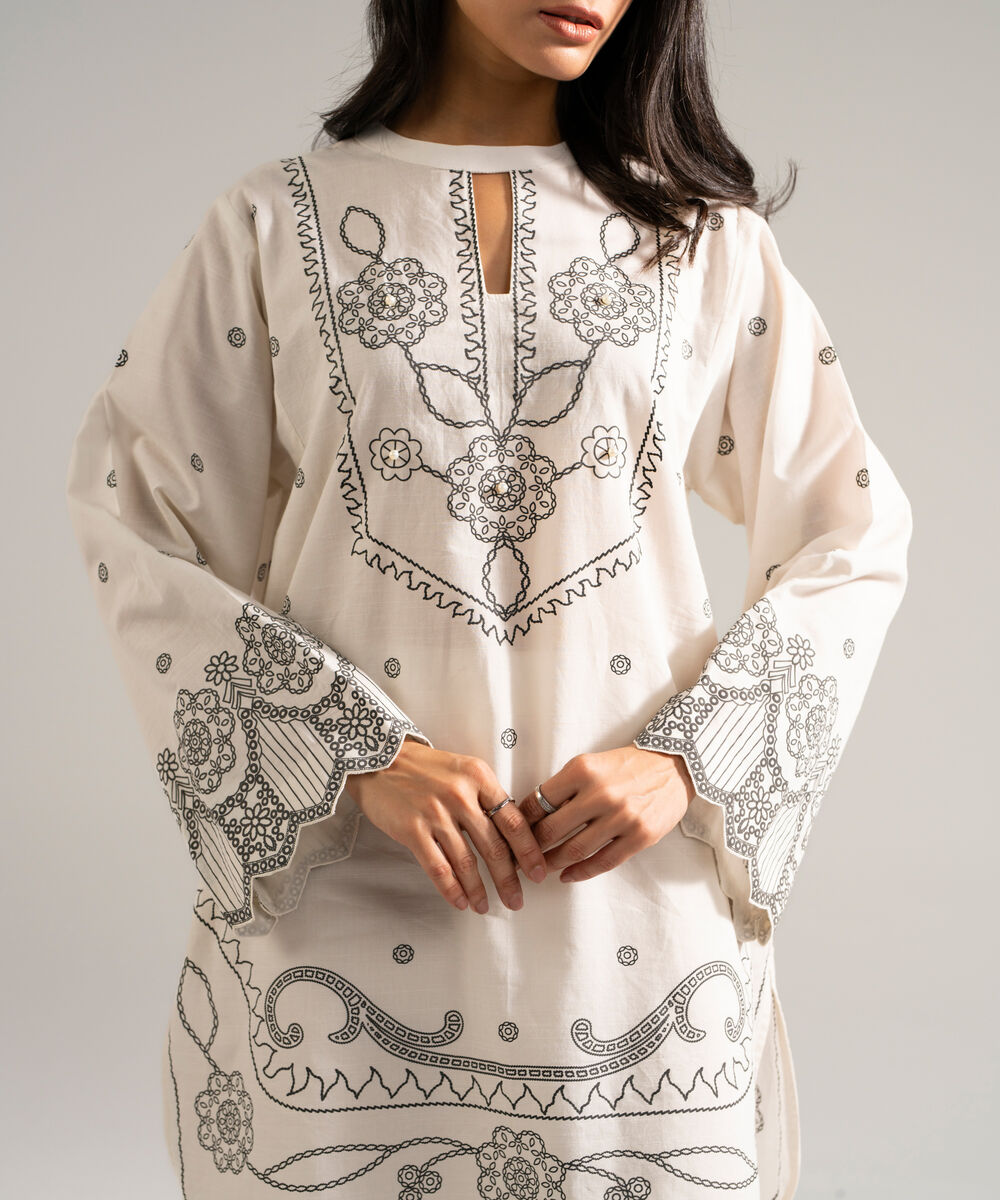 Women's RTW Slub Lawn Printed Off White 2 Piece Suit