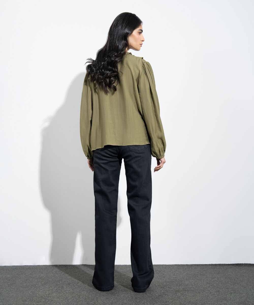 Women's Western Mustard Textured Ruffled Top