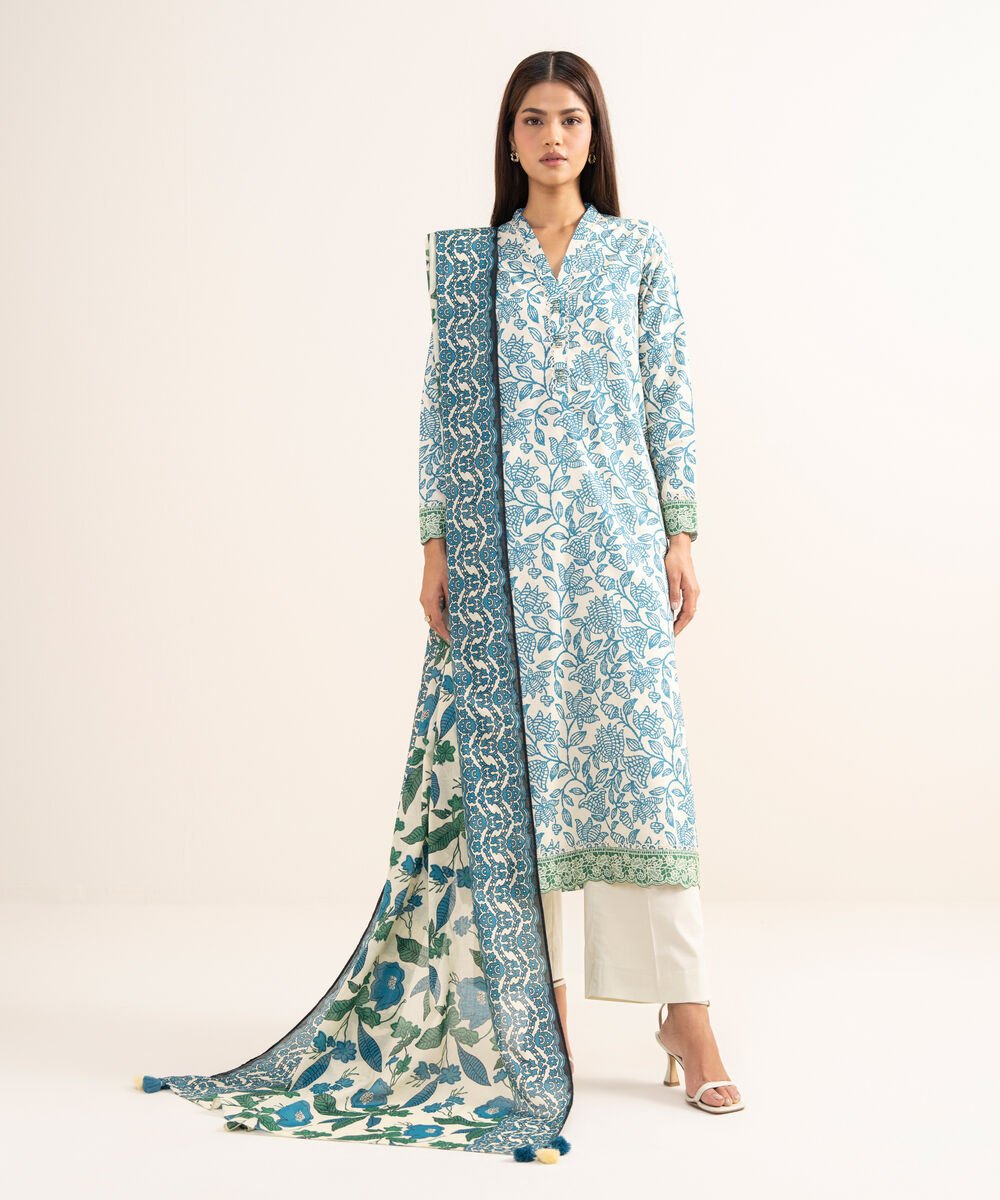 Women's Unstitched Lawn Printed Blue 3 Piece Suit