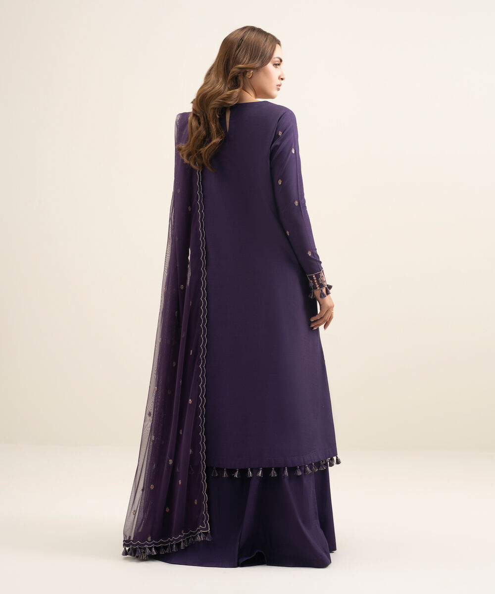 Women's Unstitched Viscose Raw Silk Embroidered Purple 3 Piece Suit