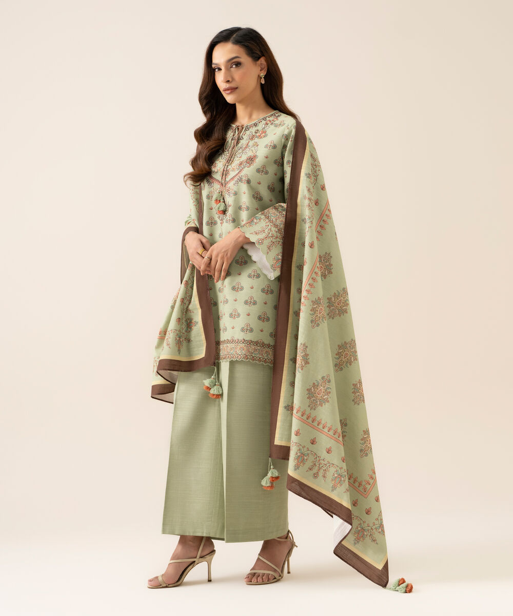 Women's Unstitched Cotton Embroidered Light Mint Green 3 Piece Suit