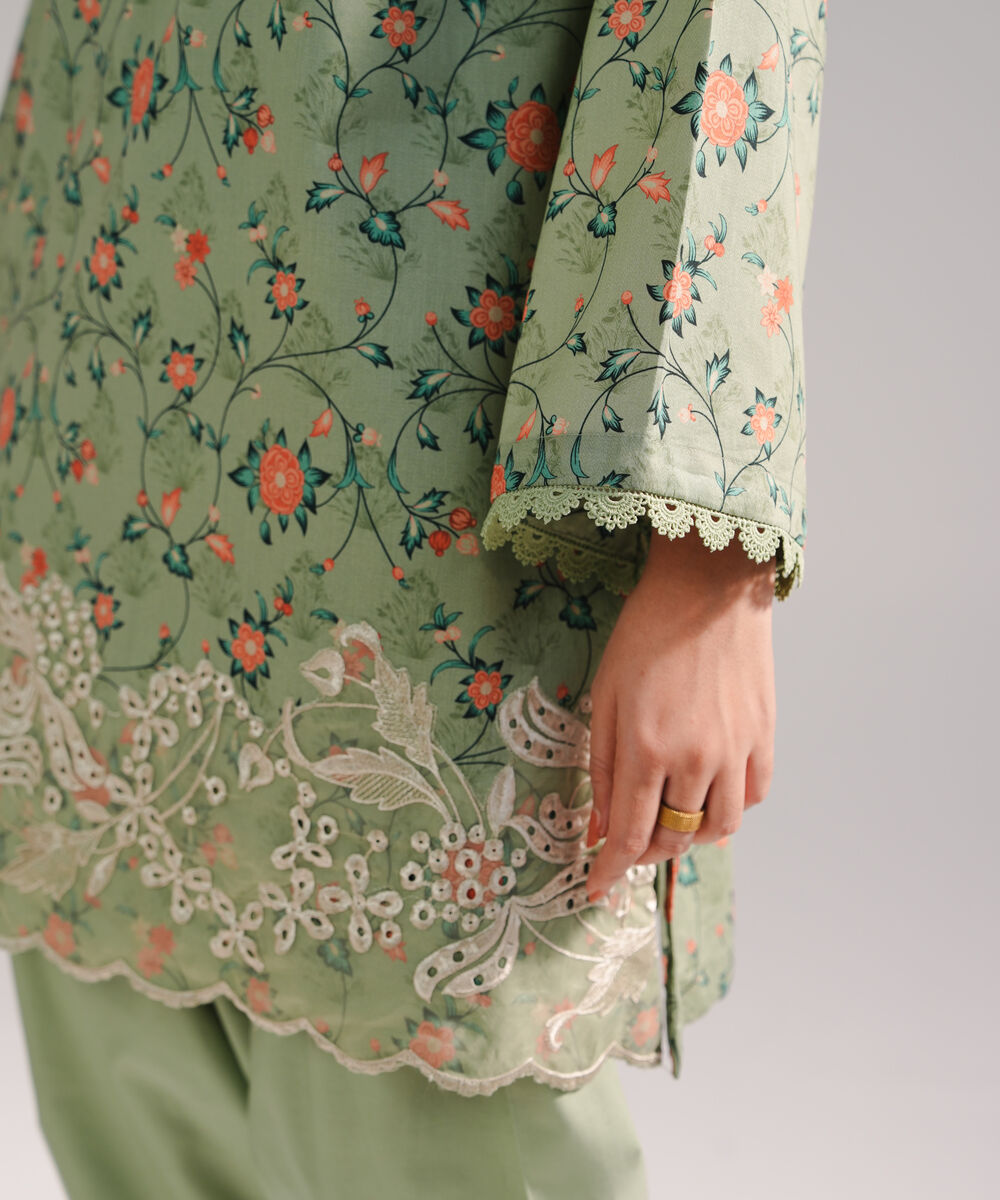 Women's RTW Dobby Embroidered Green 2 Piece Suit