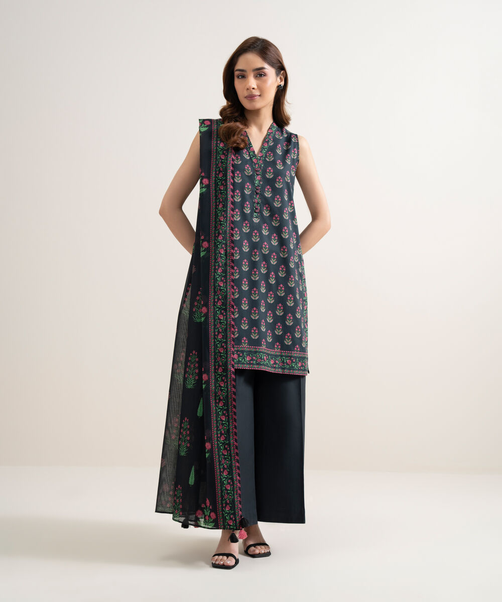 Women's Unstitched Lawn Printed Black 3 Piece Suit