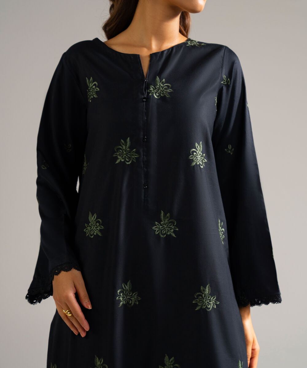 Women's RTW Cotton Satin Embroidered Black 3 Piece Suit