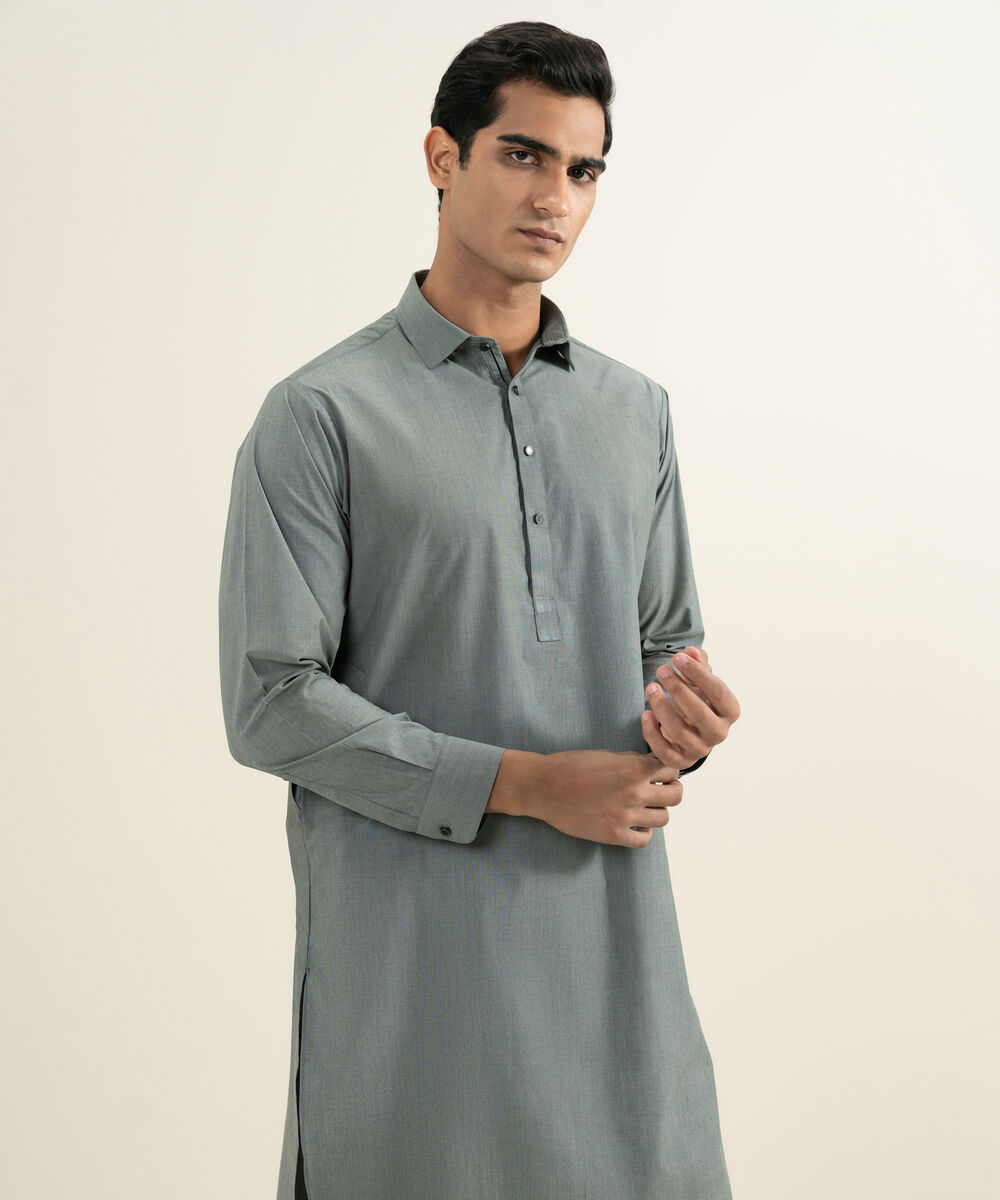 Men's grey Blended Yarn Dyed Kameez Shalwar