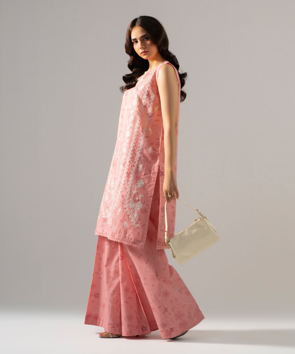 Women's RTW Fancy Cotton Printed Embroidered Pink 2 Piece Suit