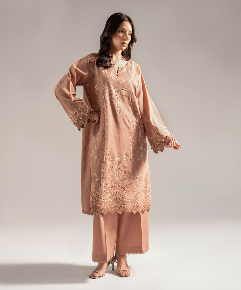 Women's RTW Self Jacquard Embroidered Straight Dark Beige Shirt