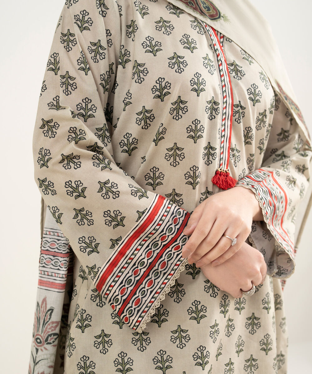 Women's RTW Lawn Printed Beige 3 Piece Suit