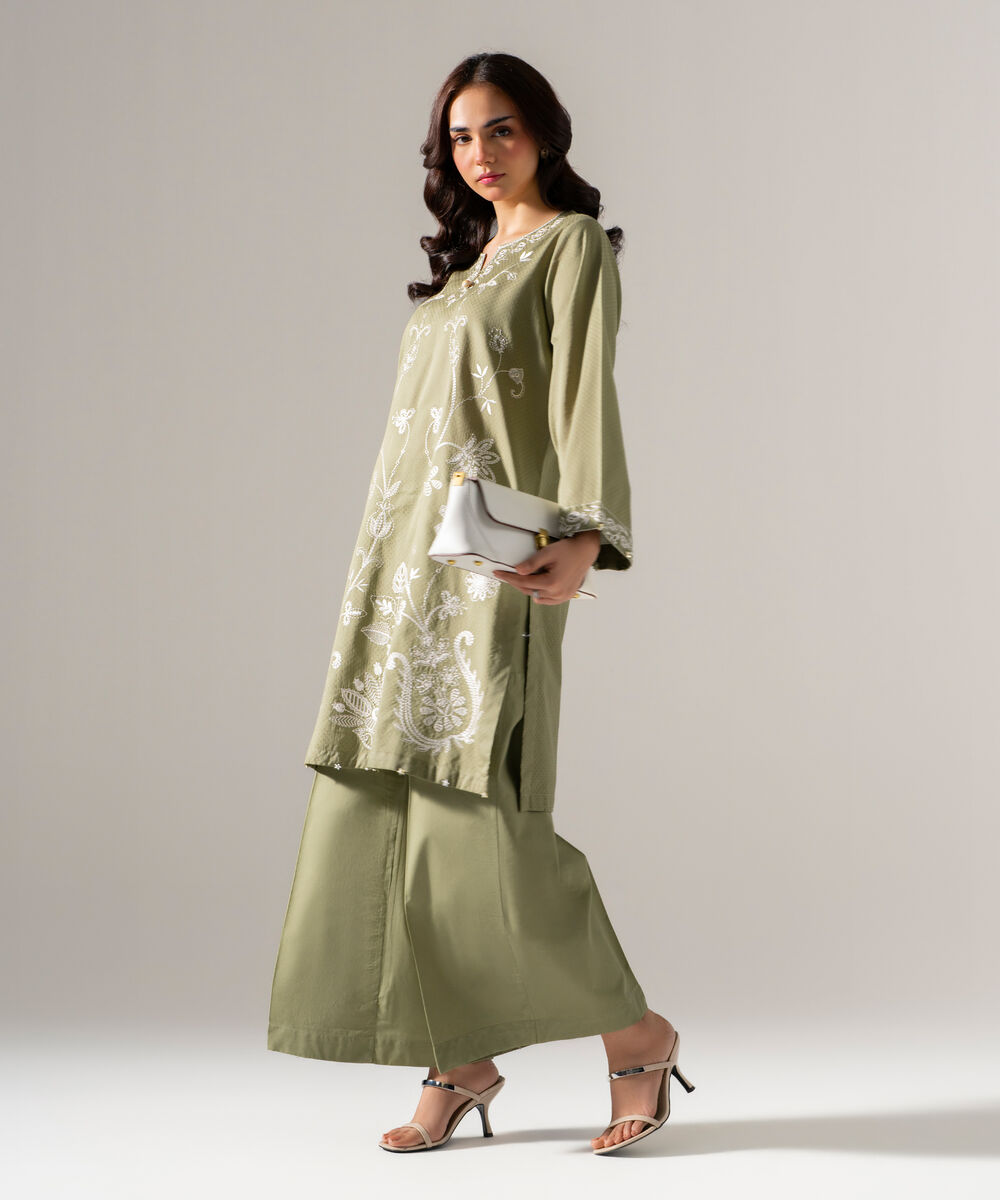 Women's RTW Dobby Solid Embroidered Green Straight Shirt