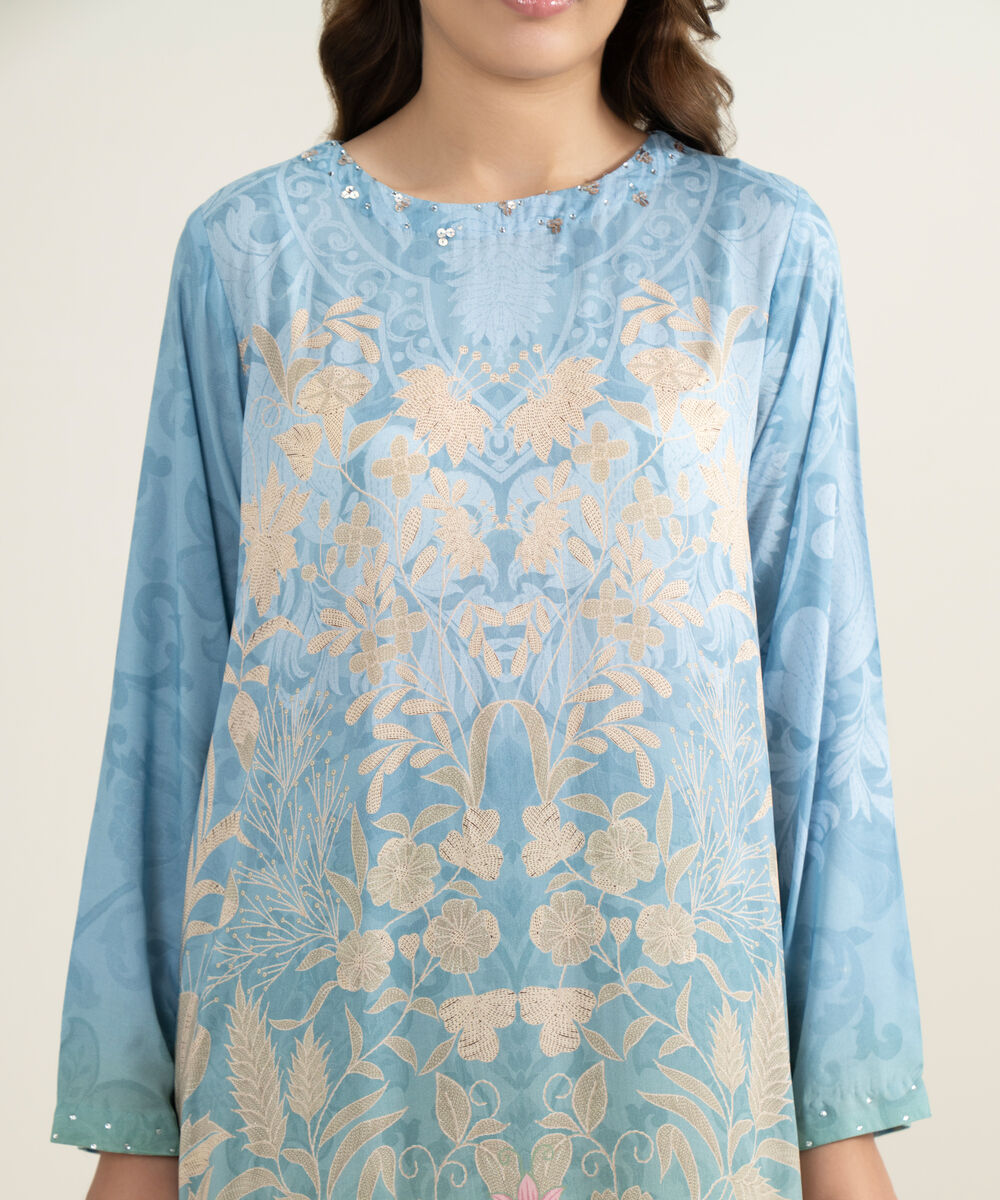 Women's RTW Viscose Raw Silk Printed Green 3 Piece Suit