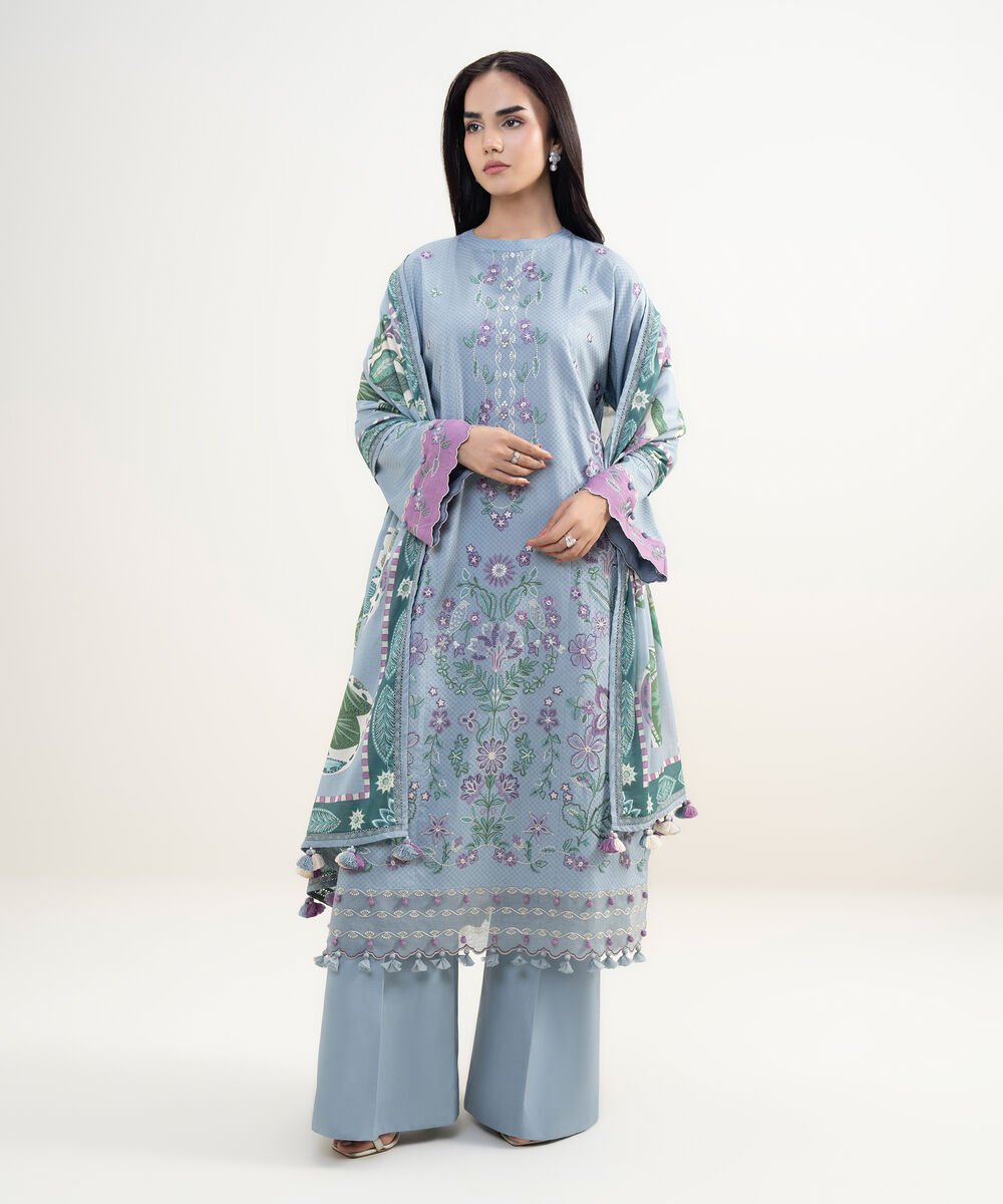 Women's Unstitched Dobby Embroidered Blue  3 Piece Suit