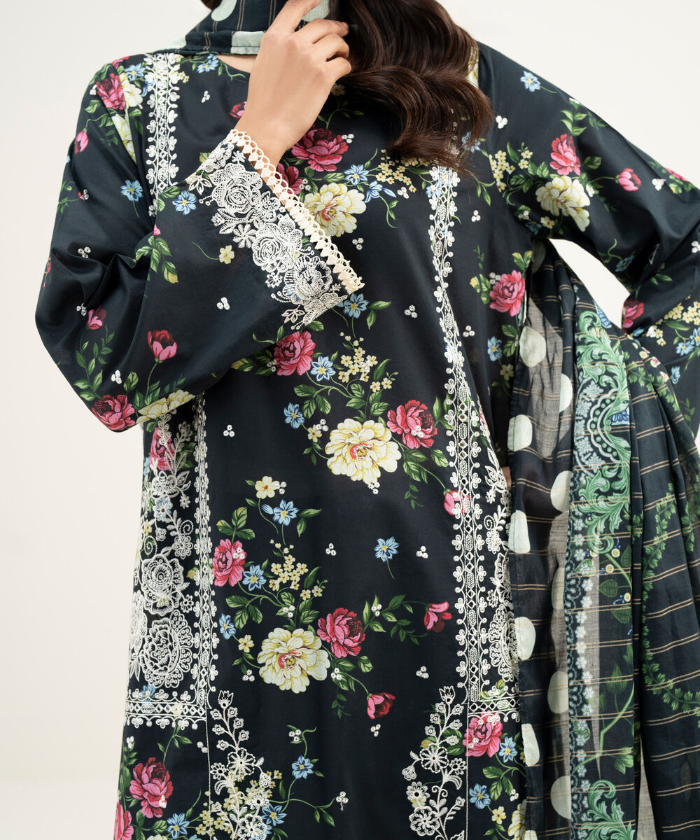 Women's RTW Lawn Embroidered Black 3 Piece Suit