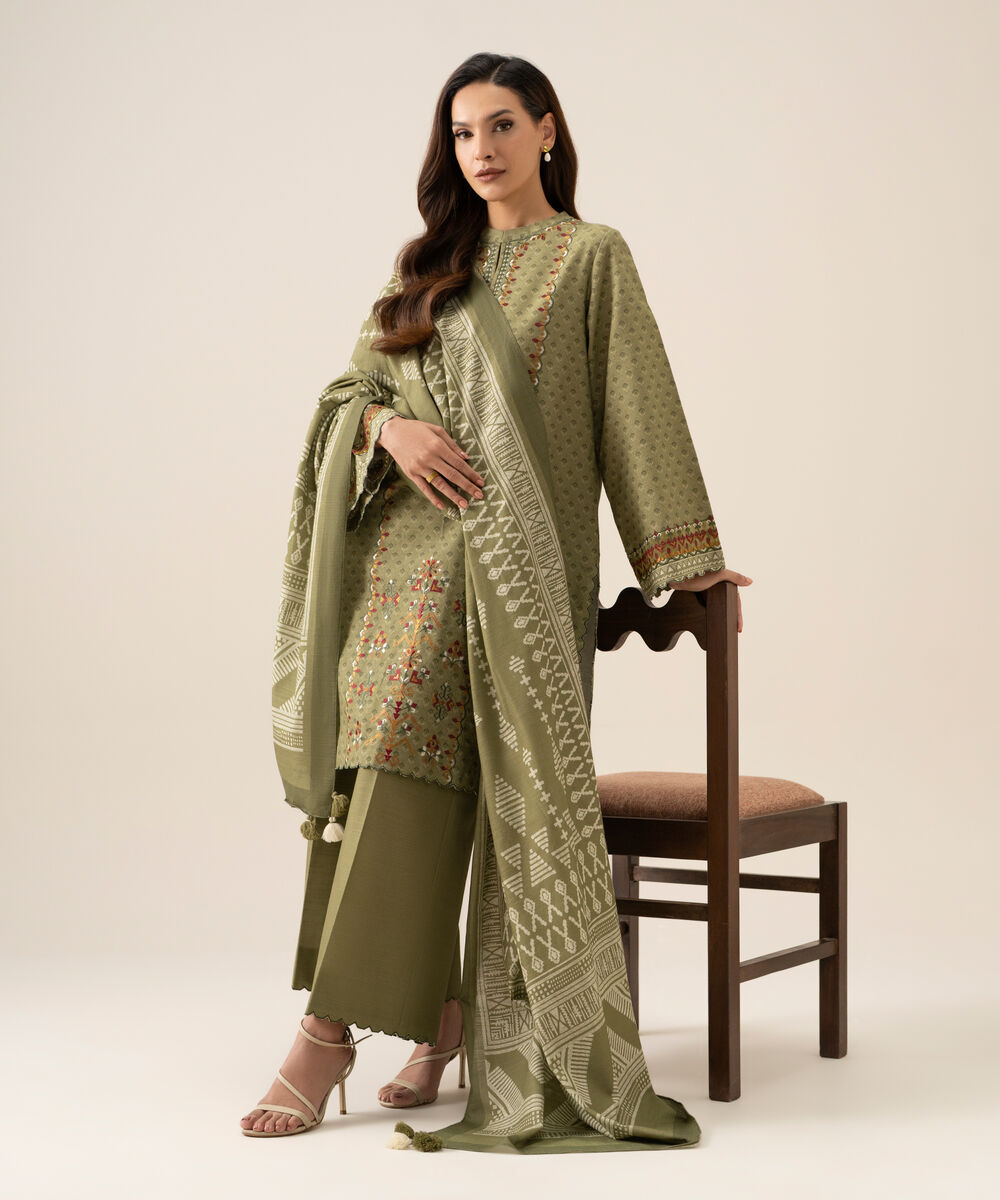 Women's Unstitched Light Khaddar Embroidered Green 3 Piece Suit