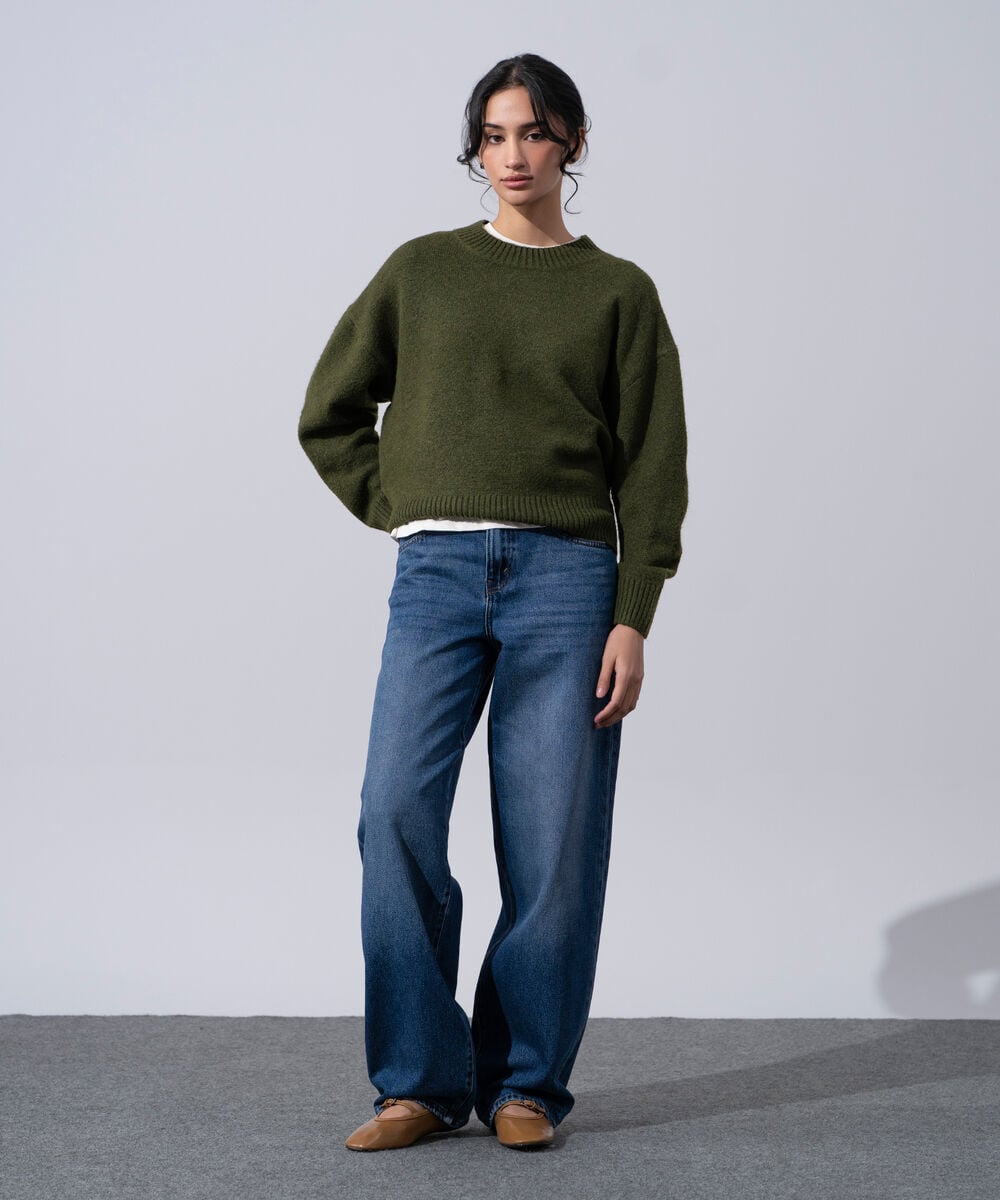 Women's Western Wear Green Round Neck Knit Sweater