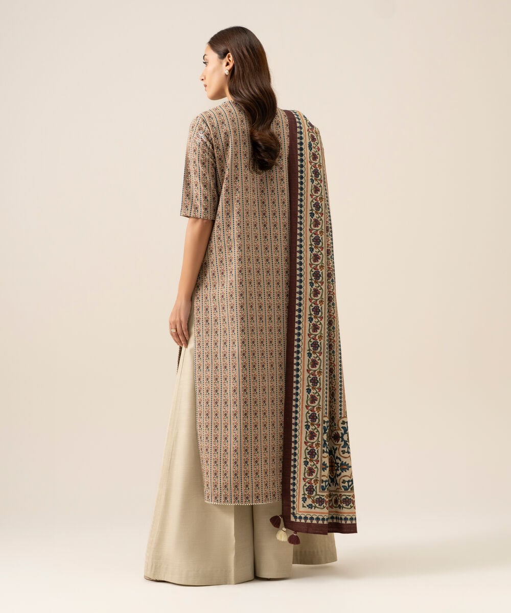 Women's Unstitched Light Khaddar Embroidered Beige 3 Piece Suit