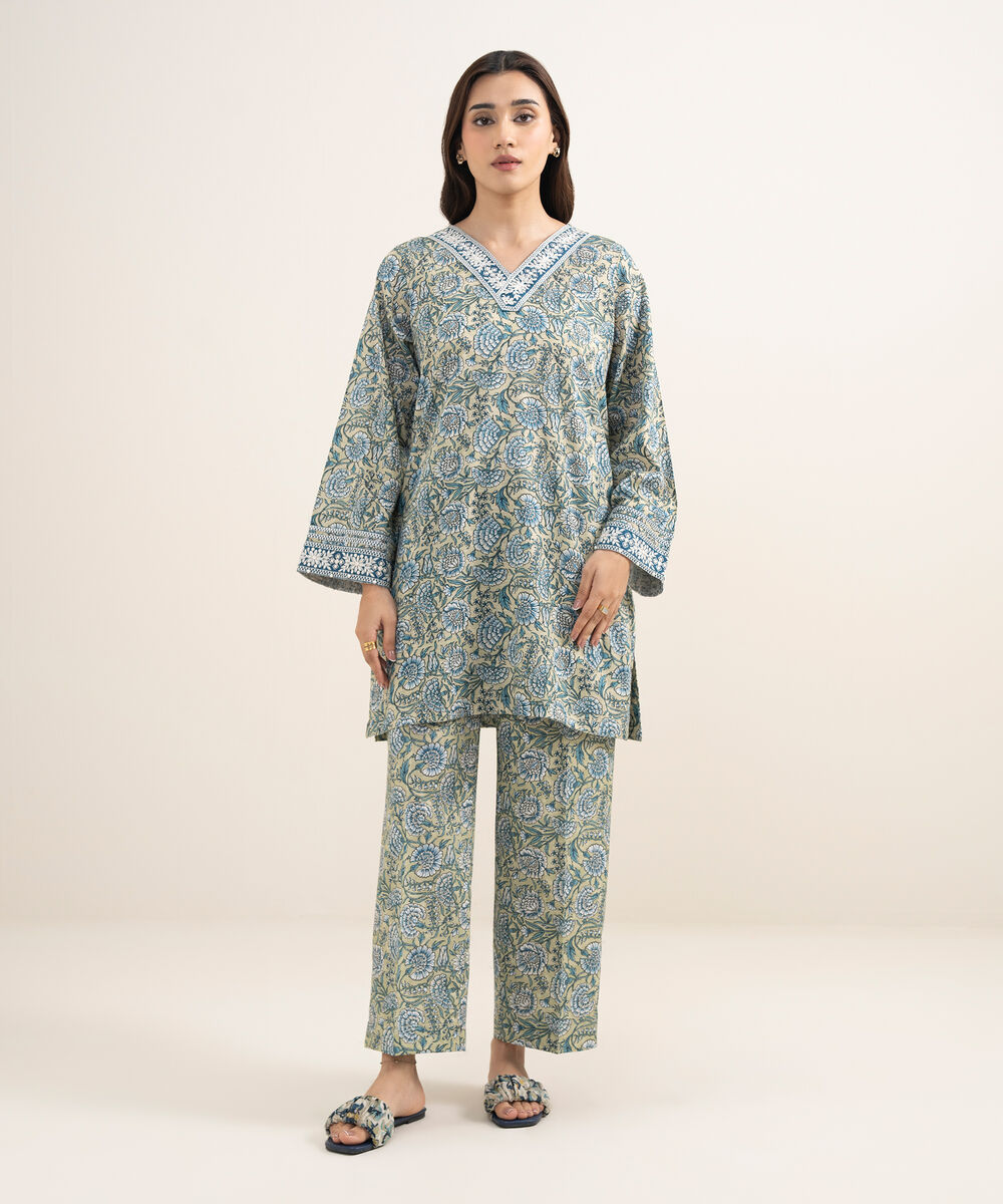 Women's RTW Dobby Embroidered Green 2 Piece Suit