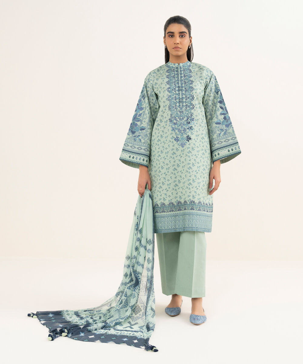 Women's Unstitched Cotton Embroidered Grey 3 Piece Suit