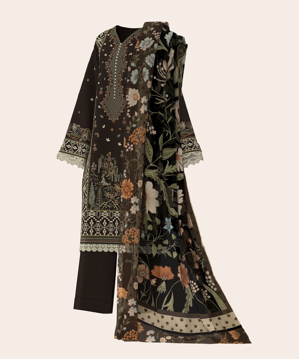 Women's Unstitched Self Jacquard Black  Embroidered 3 Piece Suit