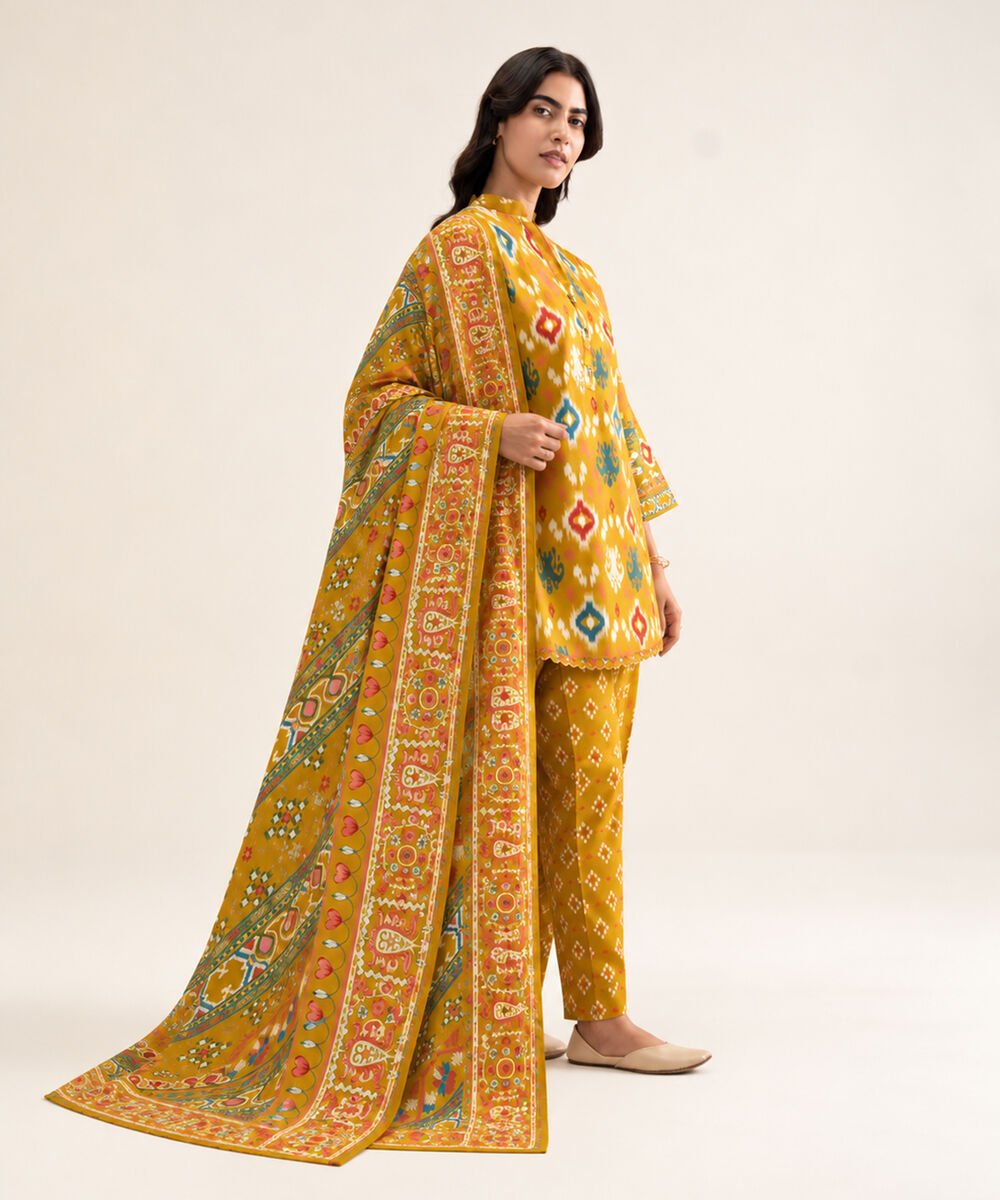 Women's Unstitched Cotton Printed Mustard 3 Piece Suit
